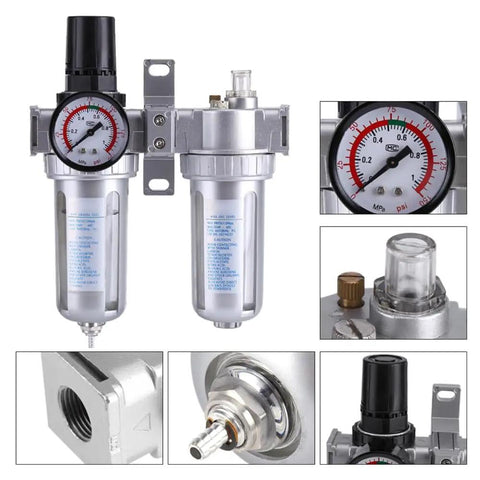 All In One Dual Unit Pneumatic Air Treatment System with Regulator, Filter, and Lubricator, silver body, pressure gauge