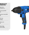 Blue 7.5 Amp Electric Impact Wrench 1/2 Inch Drive With 450 Ft Lbs Max Torque 3400 RPM No Load Speed and specs