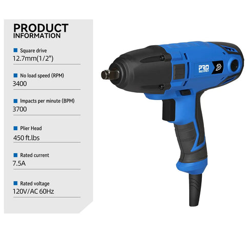 Blue 7.5 Amp Electric Impact Wrench 1/2 Inch Drive With 450 Ft Lbs Max Torque 3400 RPM No Load Speed and specs