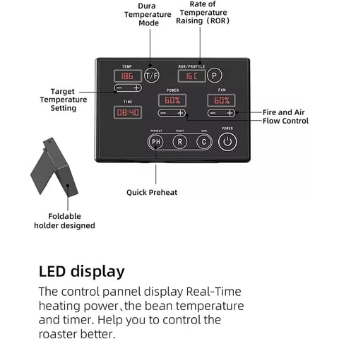 Kick Start Your Morning Vibe With This Electric Home Coffee Roaster control panel showcasing LED display and adjustable settings.