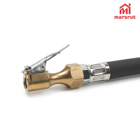 No Sweat Quarter Inch Tire Inflator Extension Hose With Fast Grip Self Locking Chuck and High Pressure Air Tube connector close-up