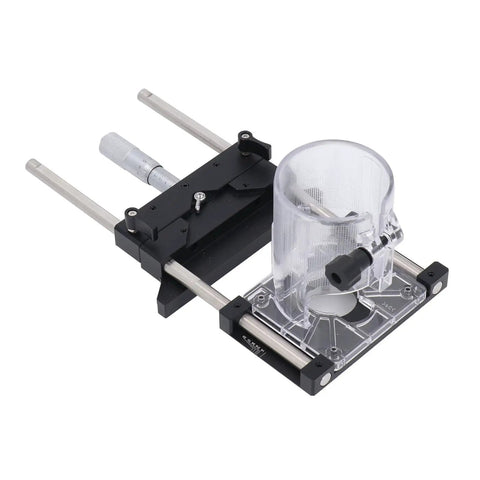 Precision Router Fluting Jig With Micro Adjustment Shim And 0 To 18 Mm Range Tough Aluminum Alloy Build, featuring transparent guide, ideal for cabinetry.