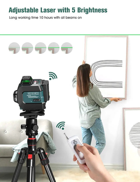 Person adjusting framed art using Self Leveling Laser Level With 4x360 Degree Green Cross Lines For Whole Room.
