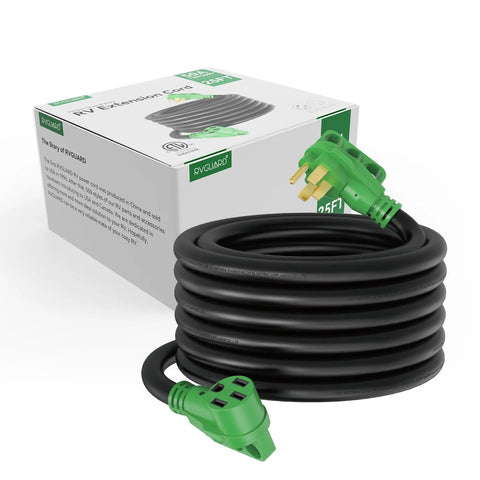 50 Amp 25 Foot RV And EV Extension Cord With NEMA 14 50P Connectors For Level 2 EV Charging And RV Hookups 6250 Watt At 125 Volt And 12500 Watt At 250 Volt Durable Heavy Duty coiled with box