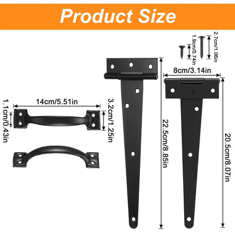 Heavy Duty Wood Gate Hardware Kit With Four 8 Inch Hinges Two Self Adjusting Latches Two Door Handles Screws Included Black Finish For Outdoor Fence Swing Gates Easy Install And Durable Outdoor Gate Hardware product size diagram with hinges, latches, handles, and screws