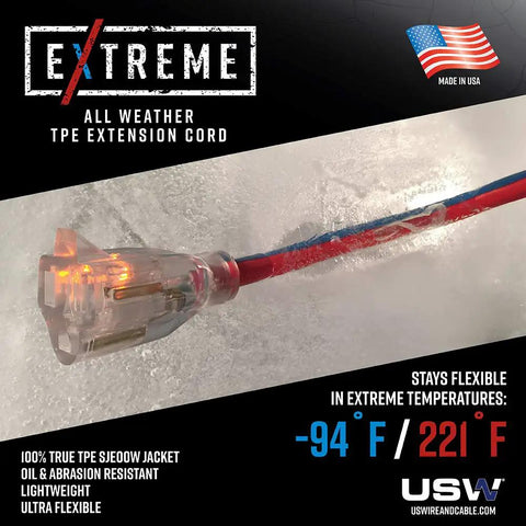 12/3 Gauge 25 Foot Heavy Duty Extension Cord With Lighted Plug For Indoor And Outdoor Use Extreme Weather Resistant Blue Red