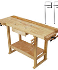Heavy Duty 55 Inch Rubber Wood Workbench Built Badass Tough For Garage And Home Workshop Station Swallows Massive Loads Up To 330 Lbs with two bar clamps.