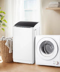 Front view of white compact washer-dryer pair; top-load washer with black lid beside front-loading dryer.