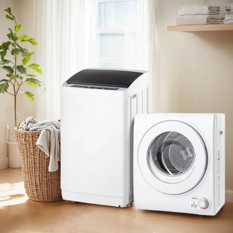 Front view of white compact washer-dryer pair; top-load washer with black lid beside front-loading dryer.