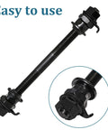 Heavy Duty Bicycle Hub Nut Set Built Tough Three Eighths Inch Black Flange Axle Nuts With Front And Rear Wheel Safety Washers Carbon Steel Build For Long Lasting Bike Wheel Hardware, showing threaded black axle with nuts and washers attached, labeled 'Easy to use'.