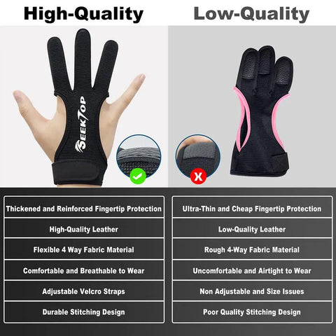 Comparison of Dope Three Finger Archery Gloves, highlighting high-quality leather shooting protector vs low-quality alternative.