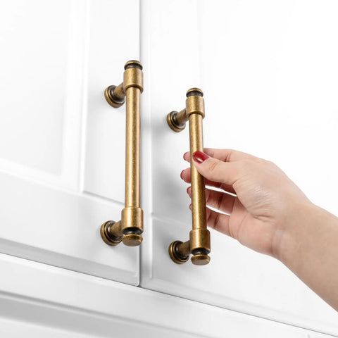 No Fuss Antique Brass Cabinet Pulls Ten Pack Five Inch Drawer Handles Heavy Duty Solid Metal Hardware on white cabinets