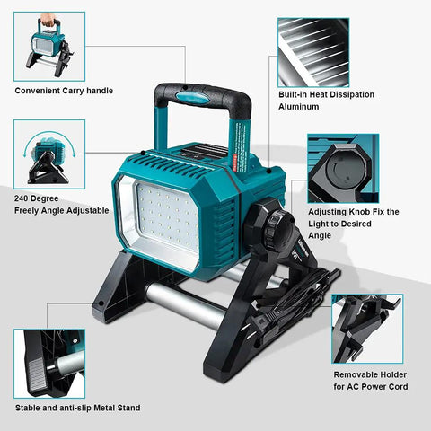 Beast Bright 5000 Lumen Cordless Floodlight with 18V battery showing adjustable angle, metal stand, and heat dissipation features