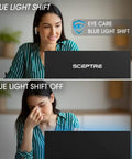 Woman using 27 Inch IPS Monitor With Built In Speakers, 1080p Resolution, 75Hz Refresh Rate, HDMI And VGA, Wide Viewing Angles, Fast Response Time For Office Or Gaming, Black Frame Bang For Buck with blue light shift on and off.