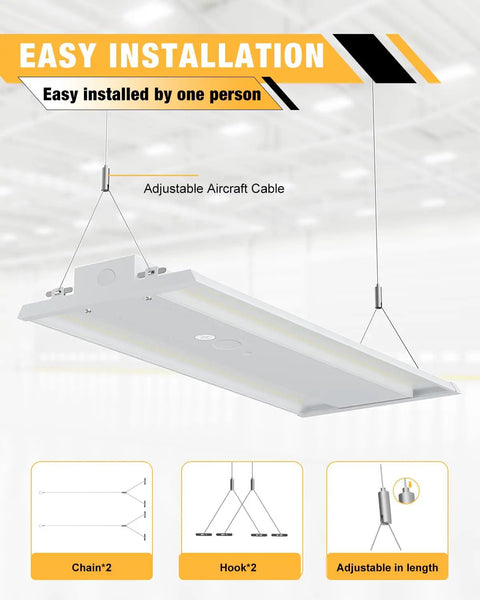 Adjustable aircraft cable and hooks showing installation options for Solid Kick Butt Lighting 4Ft Led Linear High Bay 400W 60000 Lumen.