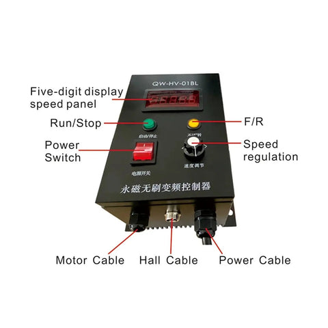 Adjustable speed controller for Beefy 16000 RPM 3000W Brushless DC Servo Motor with control panel, switches, and cable ports visible.