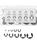 External Retaining Rings Kit 120pc Assortment M1.5 To 10 Black E Clips With Open Design For Shaft Grooves Corrosion Protection And Easy Installation For Pro Shops And Workshops Storage Box, assorted sizes in box