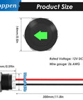 Seven Pack Half Inch 12V LED Indicator Lights Waterproof Metal Dash Signal Lights size diagram with 300mm wires
