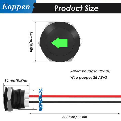 Seven Pack Half Inch 12V LED Indicator Lights Waterproof Metal Dash Signal Lights size diagram with 300mm wires