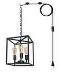 Industrial Farmhouse Plug In Pendant Light With 16.9ft Cord, Black Square Chandelier for Kitchen Island, Entryway, Dining Room