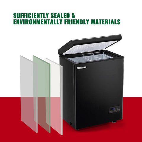 Demuller 3.5 cu ft black deep freezer chest with temperature display panel and removable basket.