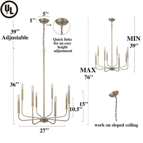 Dope Antique Gold Chandelier Modern Farmhouse Light Fixture With Eight Arms And Adjustable Height dimensions and features