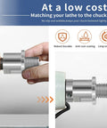 Precision Hardened Steel Woodworking Lathe Headstock Spindle Adapter shown connecting to a lathe, highlighting anti-rust coating and robust design.