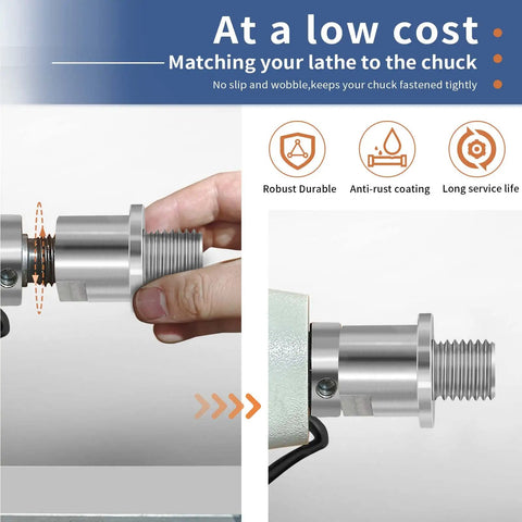 Precision Hardened Steel Woodworking Lathe Headstock Spindle Adapter shown connecting to a lathe, highlighting anti-rust coating and robust design.