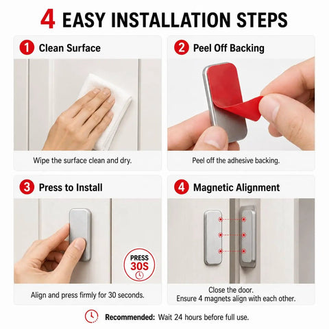 Six Pack No Drill Magnetic Cabinet Door Catch With Adhesive Magnets For Quick Easy Install On Kitchen Cabinets Closets And Shower Doors Strong Magnetic Closure No Screws No Damage Durable Hold installation steps