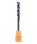 SpeTool 4-flute ball-nose end mill, solid carbide, 1/4in shank, 3in length, orange collet, front view