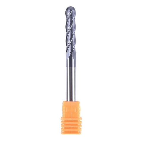 SpeTool 4-flute ball-nose end mill, solid carbide, 1/4in shank, 3in length, orange collet, front view