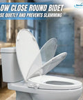 Round Bidet Toilet Seat With Adjustable Self Cleaning Nozzles, Easy Attachment Kit T Adapter And Bottle in bathroom