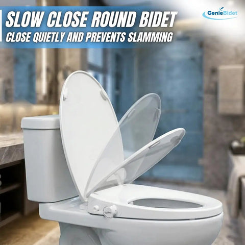 Round Bidet Toilet Seat With Adjustable Self Cleaning Nozzles, Easy Attachment Kit T Adapter And Bottle in bathroom