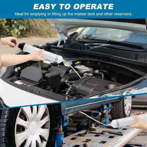 Grease Monkey Ready Manual Fluid Extractor Pump With Three Extension Hoses For Brake Fluid Swap And Gear Oil Transfer in use under hood.