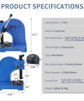 Built Different One Ton Manual Arbor Press With Four Position Steel Anvil And Five Point Five Inch Work Height For Stamping Riveting Punching And Bending Jobs Daily, showing specifications and dimensions.