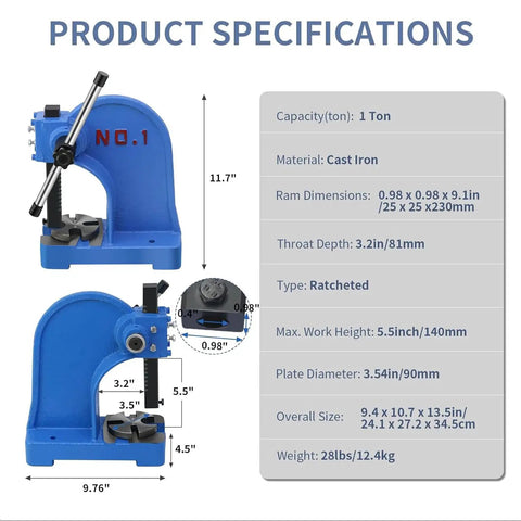 Built Different One Ton Manual Arbor Press With Four Position Steel Anvil And Five Point Five Inch Work Height For Stamping Riveting Punching And Bending Jobs Daily, showing specifications and dimensions.