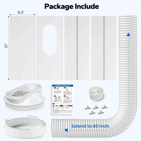 Portable AC Window Vent Kit With 5.9 Inch Exhaust Hose And 5.9 Inch Coupler Bird Guard Adjustable Window Seal components