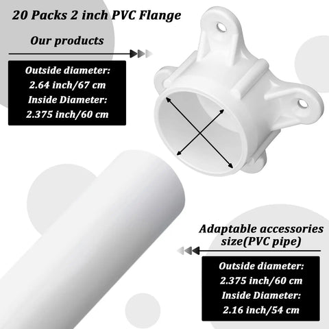 Illustration showing 12 Packs 2 Inch PVC Flange Caps For Pipe Fittings Ideal For DIY Rod Holder Projects Shelving Support Feet And Furniture Making Glossy White Finish For A Clean Pro Look with dimensions.