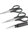 RC Body Reamer Set With Hole Puncher Sleeve Curved And Straight Scissors 8 Body Clips For Polycarbonate RC Car Shells And Truck Body Hobby Repair Tools showing scissors and reamer