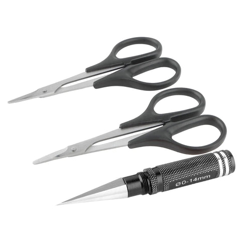 RC Body Reamer Set With Hole Puncher Sleeve Curved And Straight Scissors 8 Body Clips For Polycarbonate RC Car Shells And Truck Body Hobby Repair Tools showing scissors and reamer
