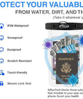 Infographic of waterproof phone pouch with passport and cash, highlighting IPX8 waterproof, dustproof, and secure lock features.