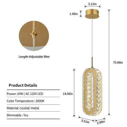 Gold Modern Crystal Pendant Light For Kitchen Island And Dining Room, two-circle LED chandelier dimensions and features