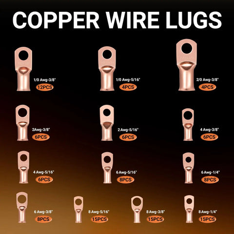 Beefy Battery Terminal End Kit With Heavy Duty Copper Lugs And Ring Terminals 227 Piece Organizer displayed with copper wire lugs