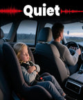 Child sleeping in car seat with sound wave and 'Quiet' text above, in backseat of vehicle with driver at wheel.
