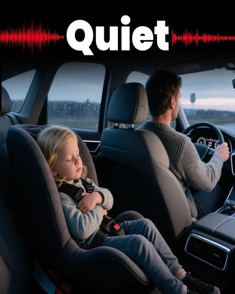 Child sleeping in car seat with sound wave and 'Quiet' text above, in backseat of vehicle with driver at wheel.