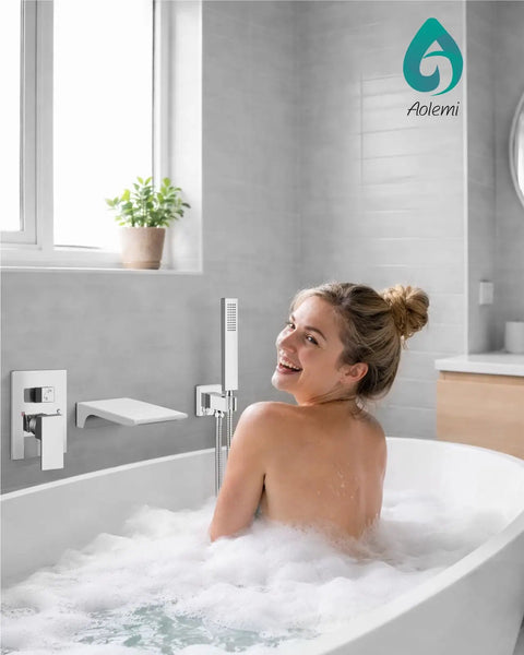 Wall Mount Bathtub Faucet With Handheld Sprayer And Waterfall Tub Filler Single Handle Chrome Finish Modern Bathroom Fixture