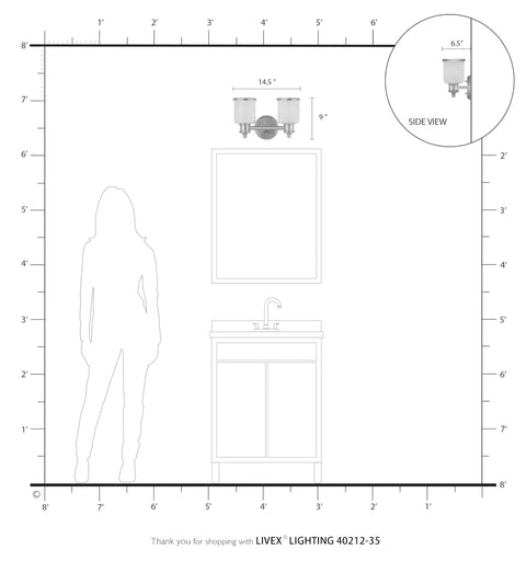Transitional Two Light Bath Vanity Light In Polished Nickel Finish From Middlebush Collection with size and side view diagram.