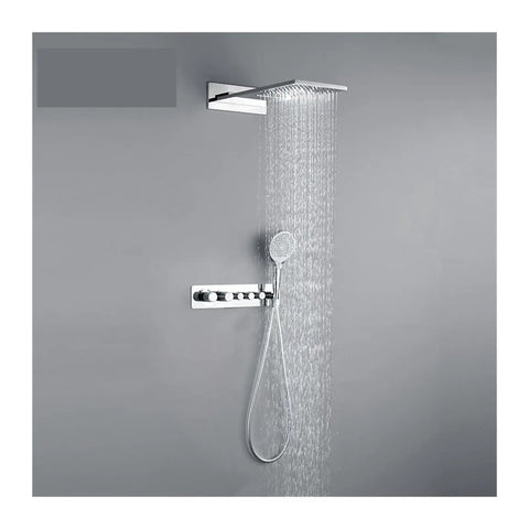 RIBEUJIZS Digital Shower System with overhead shower and handheld sprayer, chrome finish, wall mounted, modern design.