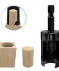 Flat Out Excellent Wood Plug Cutter Drill Bits Set With Quarter Inch Hex Shank showing a tapered wood plug being cut from a wood block.