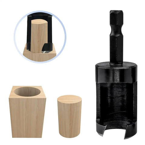 Flat Out Excellent Wood Plug Cutter Drill Bits Set With Quarter Inch Hex Shank showing a tapered wood plug being cut from a wood block.